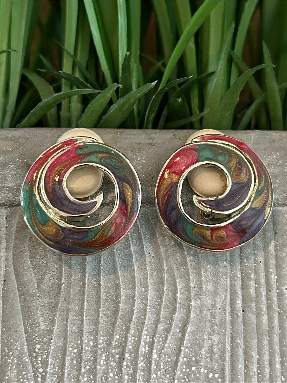 Multicolor Swirl Clip-On Earrings colorful enamel and goldtone purple pink green